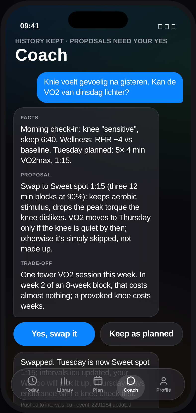 Coach screen of the Simon Says Cycling app