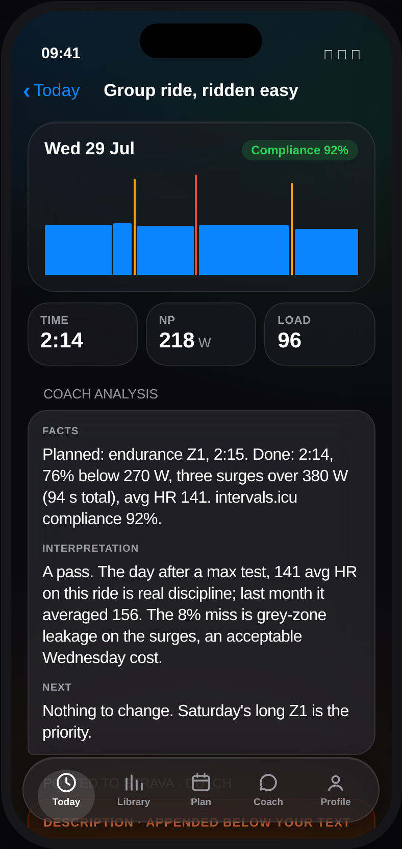 Ride analysis screen of the Simon Says Cycling app