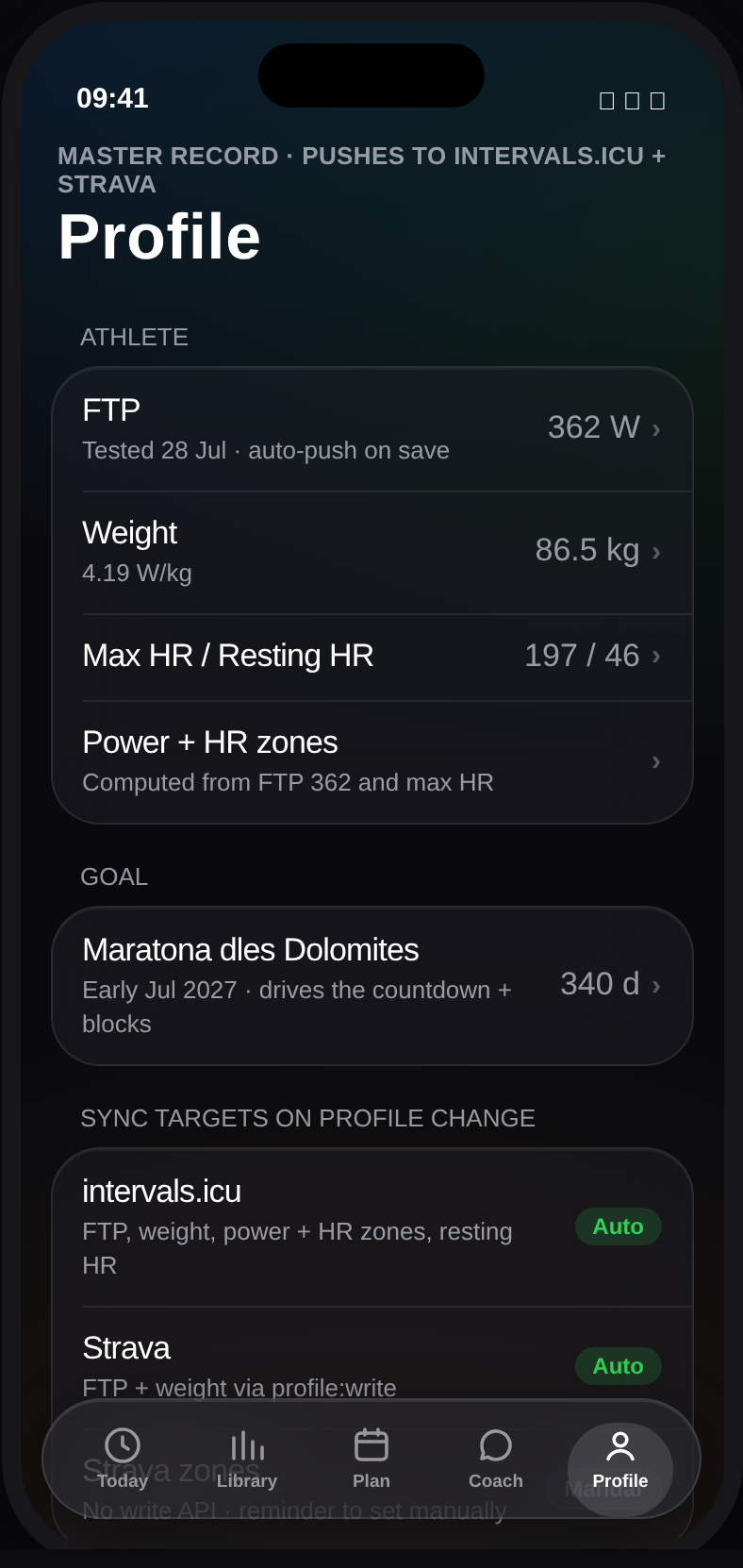 Profile screen of the Simon Says Cycling app