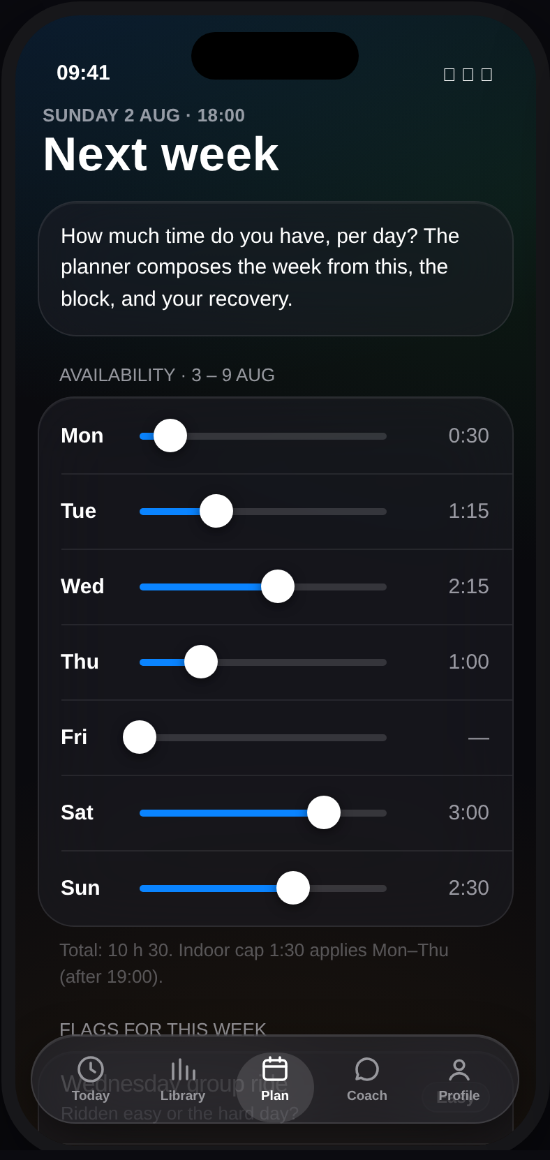 Availability screen of the Simon Says Cycling app