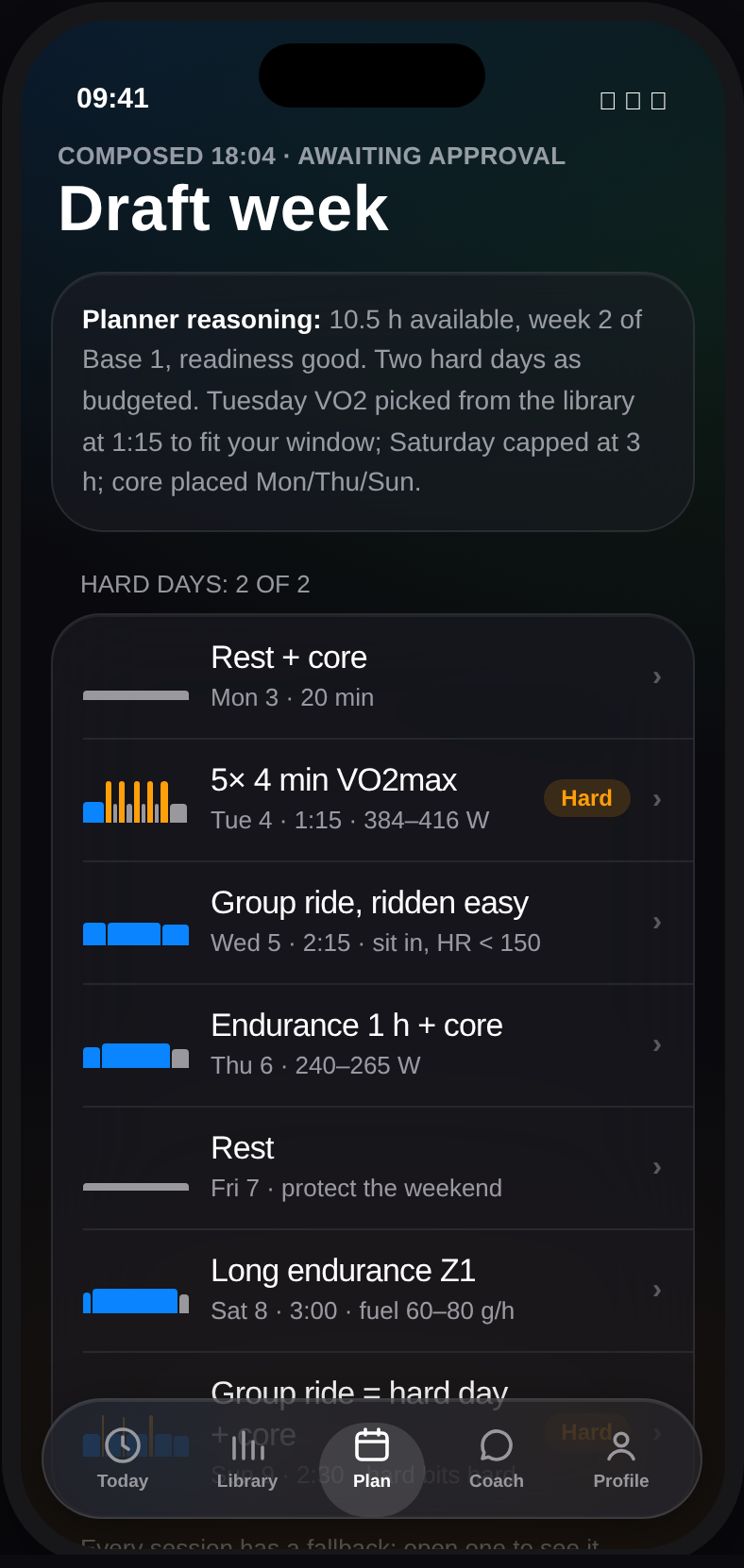 Draft week screen of the Simon Says Cycling app