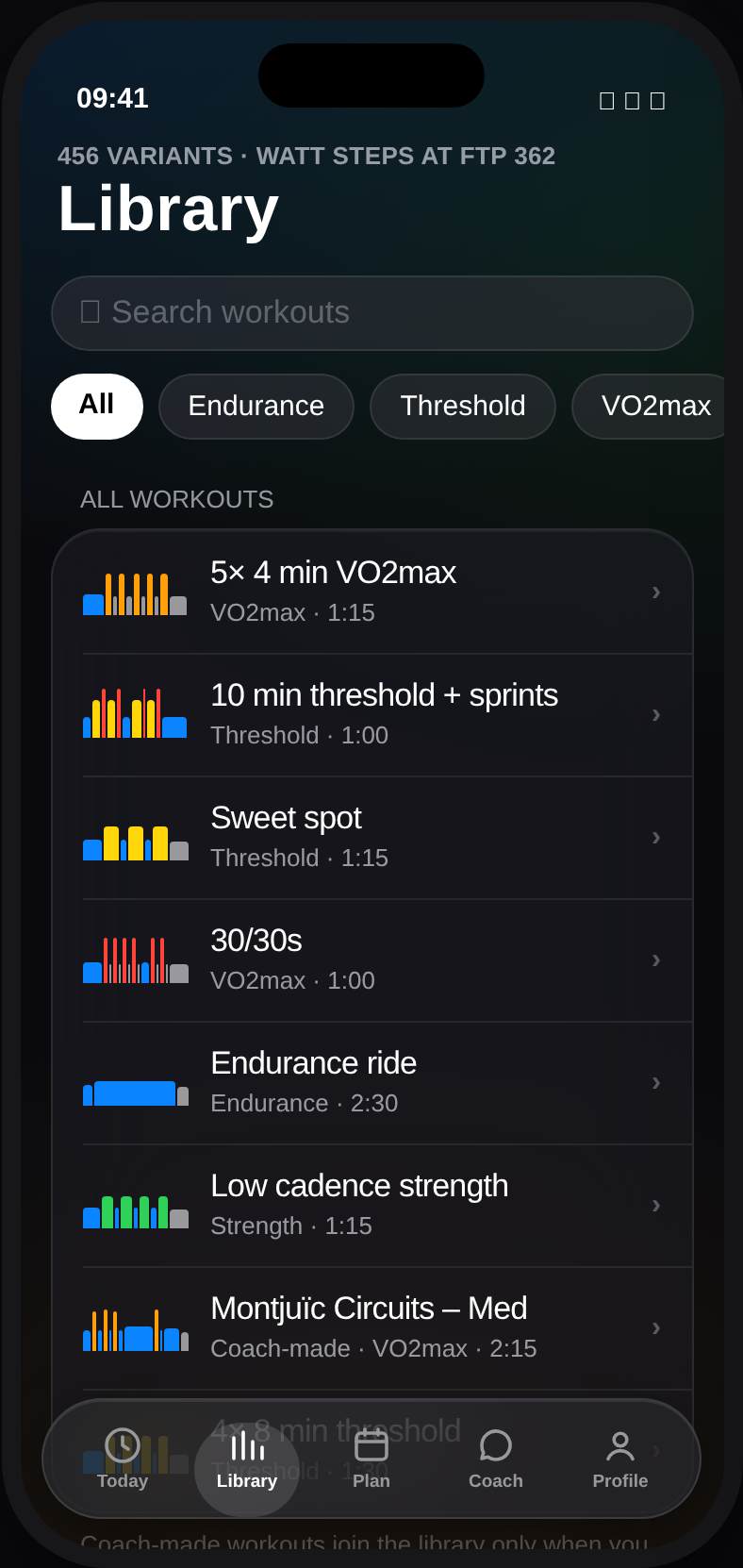 Library screen of the Simon Says Cycling app